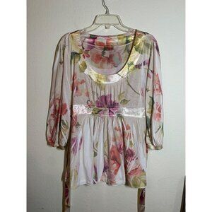 California Bloom Boho Floral Top Business Casual 3/4 Sleeve White Womens Size XL
